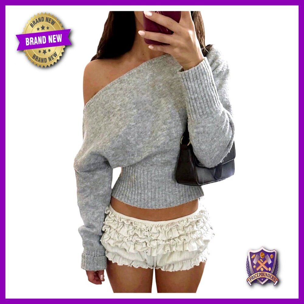 Cropped Off Shoulder Sweater Long Sleeve Y2K Top Slim Fit Polyester